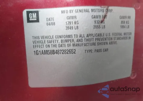 2008 Chevrolet Cobalt Sport z USA, uszkodzony, nr VIN 1G1AM58B487282652